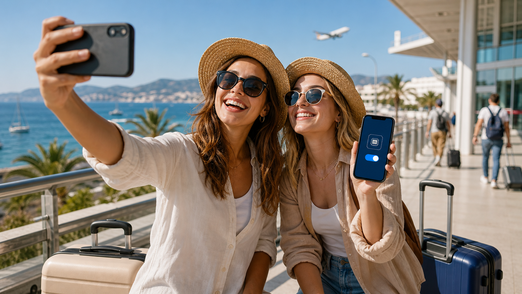 Zwei erwachsene Urlauberinnen machen ein Selfie und bereiten mobiles Internet f\u00fcr die Reise vor